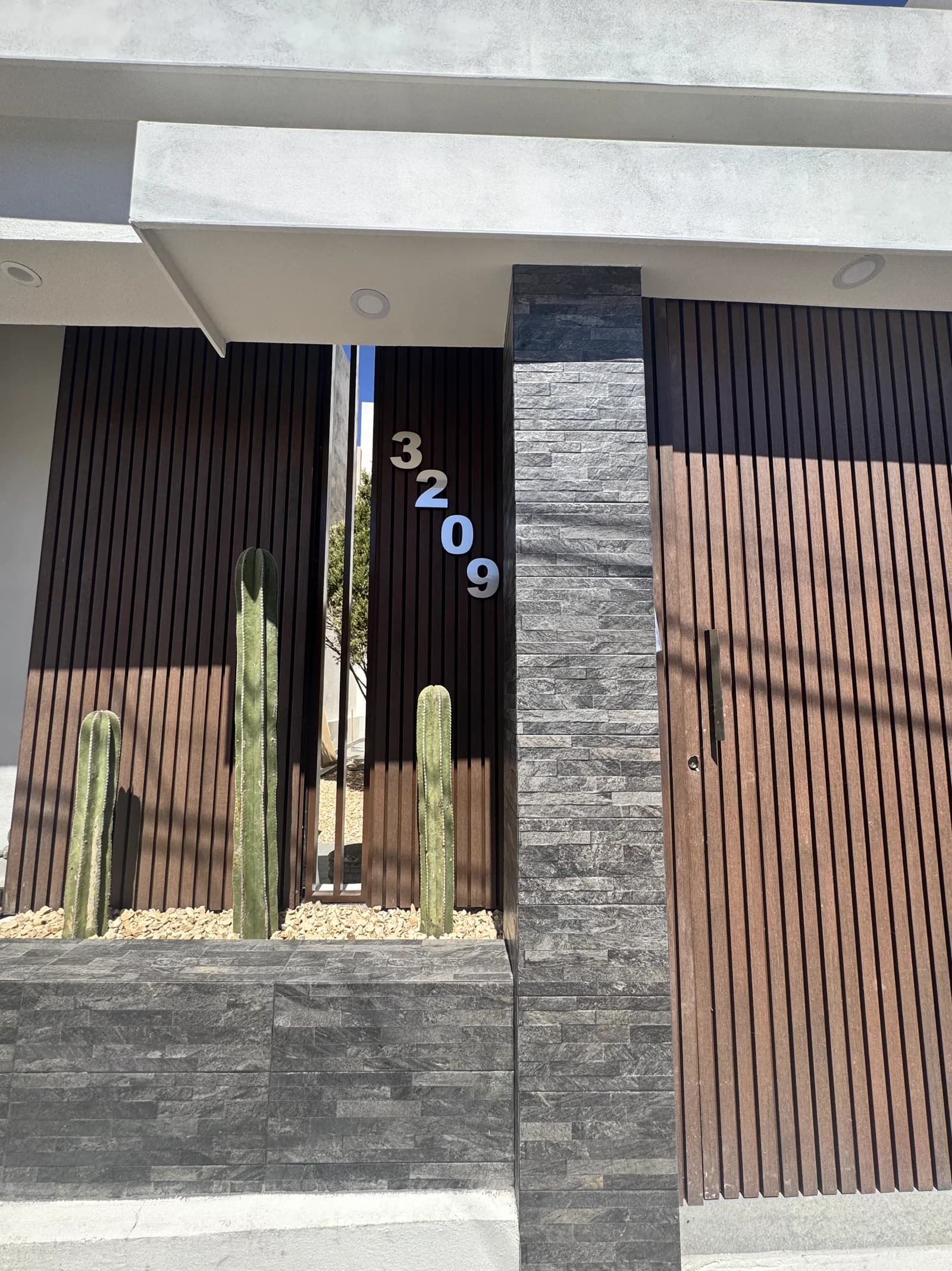 Detalle del acceso con la jardinera de cactáceas y los listones de madera.