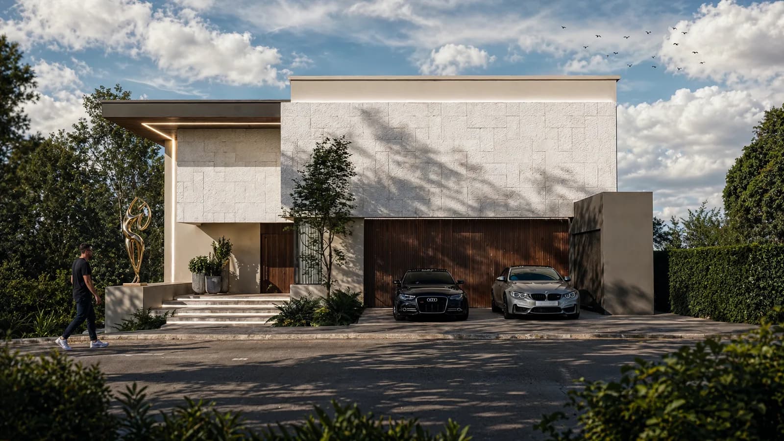 Render de la fachada principal con el volumen de piedra, el jardín y la cochera.