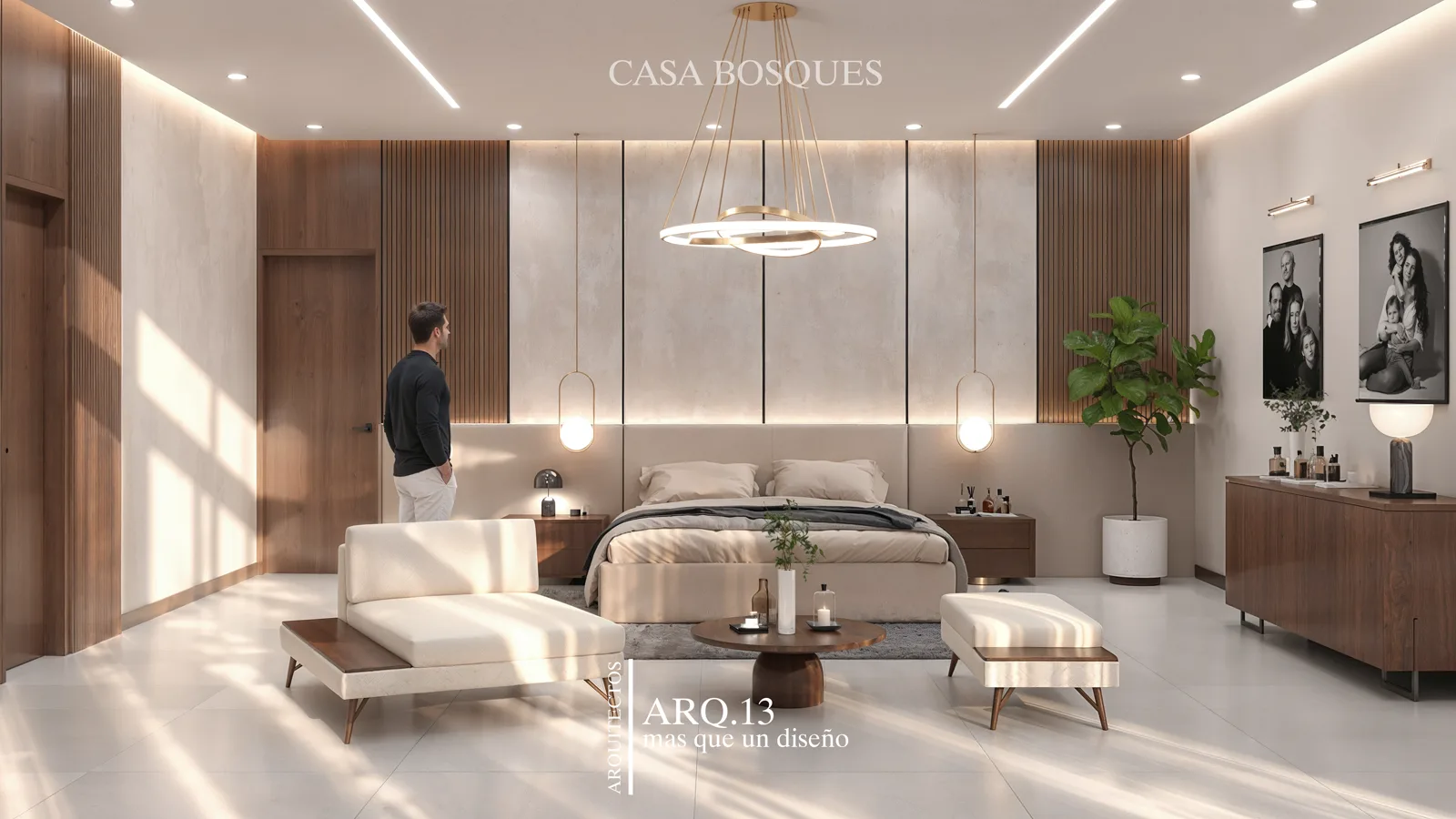 Render de la recámara principal con cabecera de madera, sala y candil de anillos.