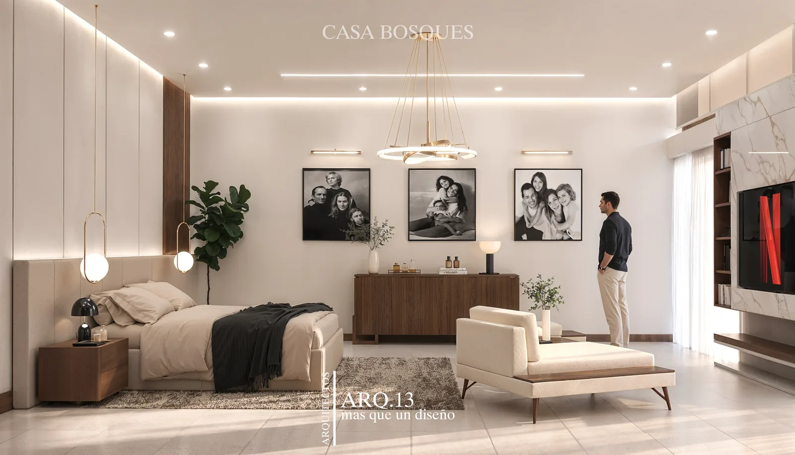 Render de la recámara con cuadros en blanco y negro y un muro de mármol con pantalla.