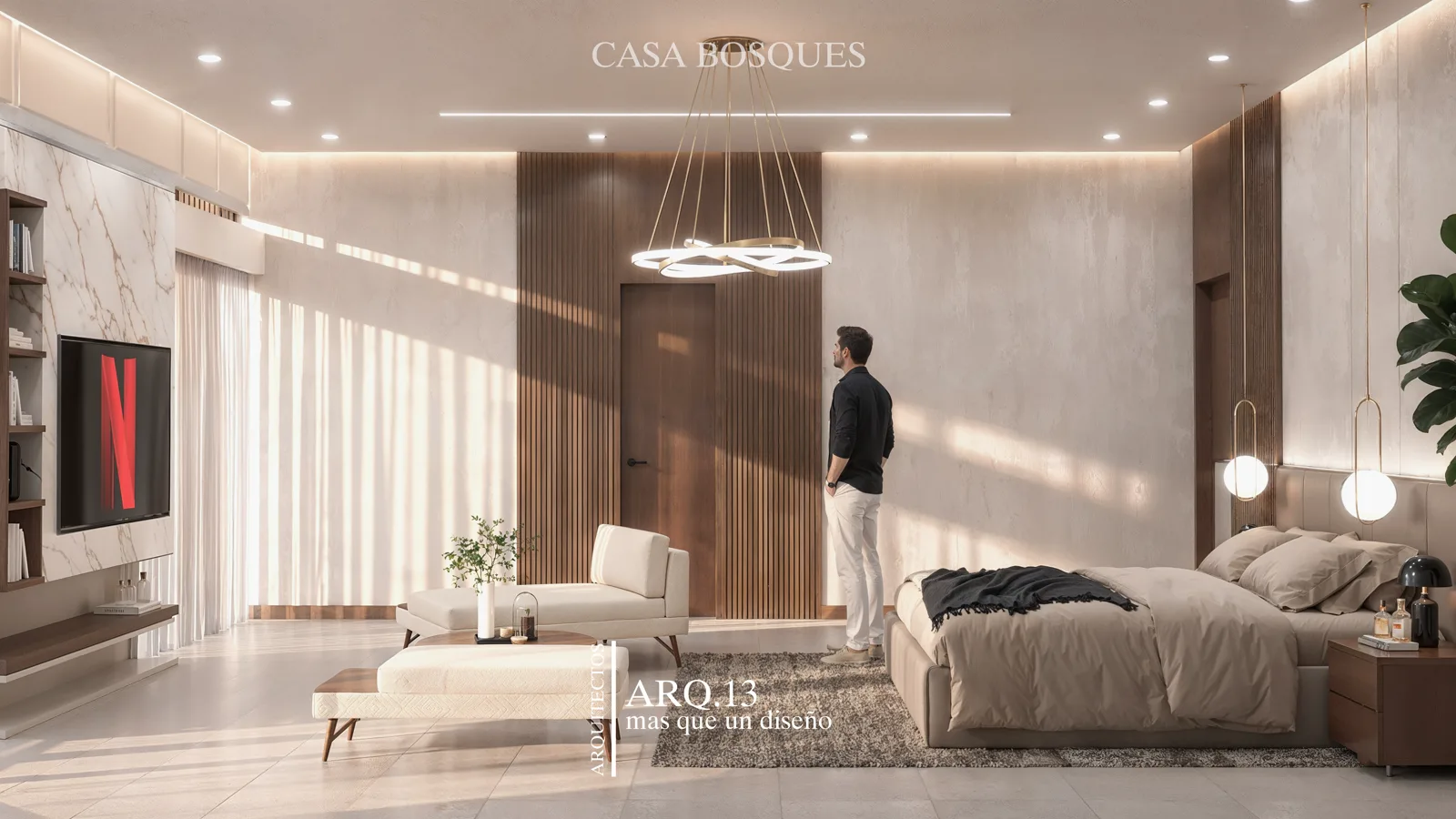 Render de la recámara con plafón iluminado, puerta de madera y sillón claro.