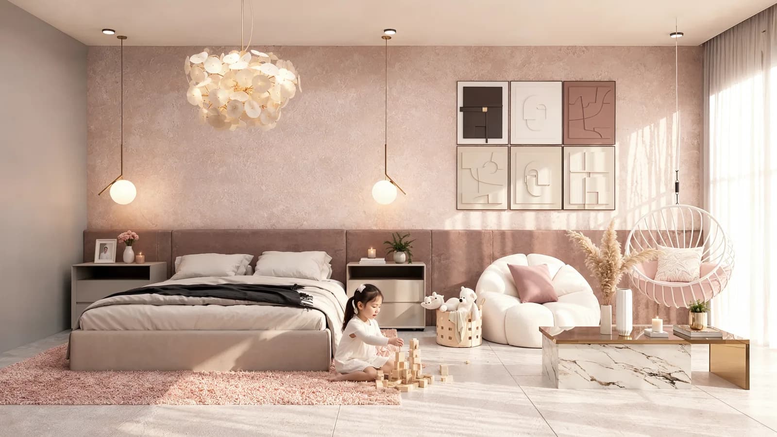 Render de la recámara infantil en tonos rosa con lámpara de burbujas y silla colgante.