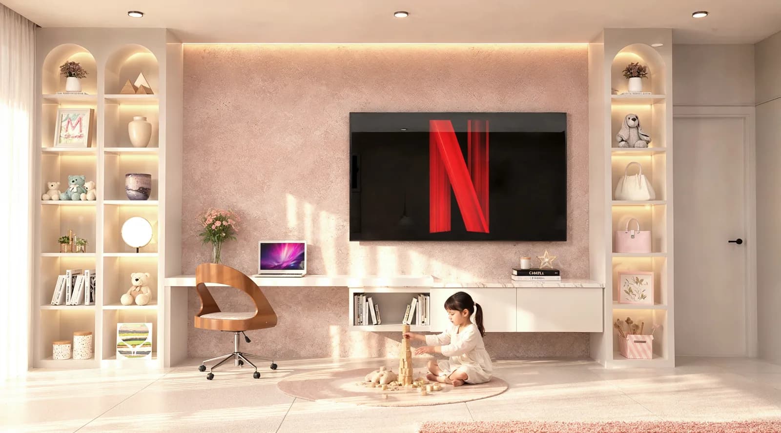 Render del área de estudio infantil con repisas iluminadas y escritorio blanco.