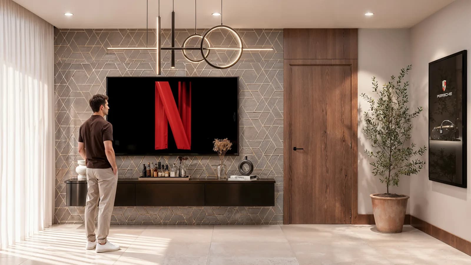 Render de la sala de televisión con muro de rombos, lámpara de aros y puerta de madera.