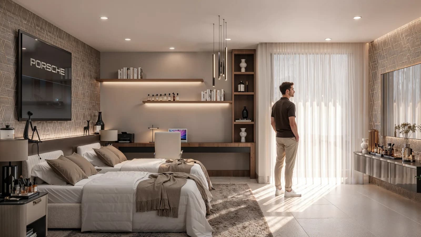 Render de la recámara juvenil con dos camas, escritorio y ventanal.
