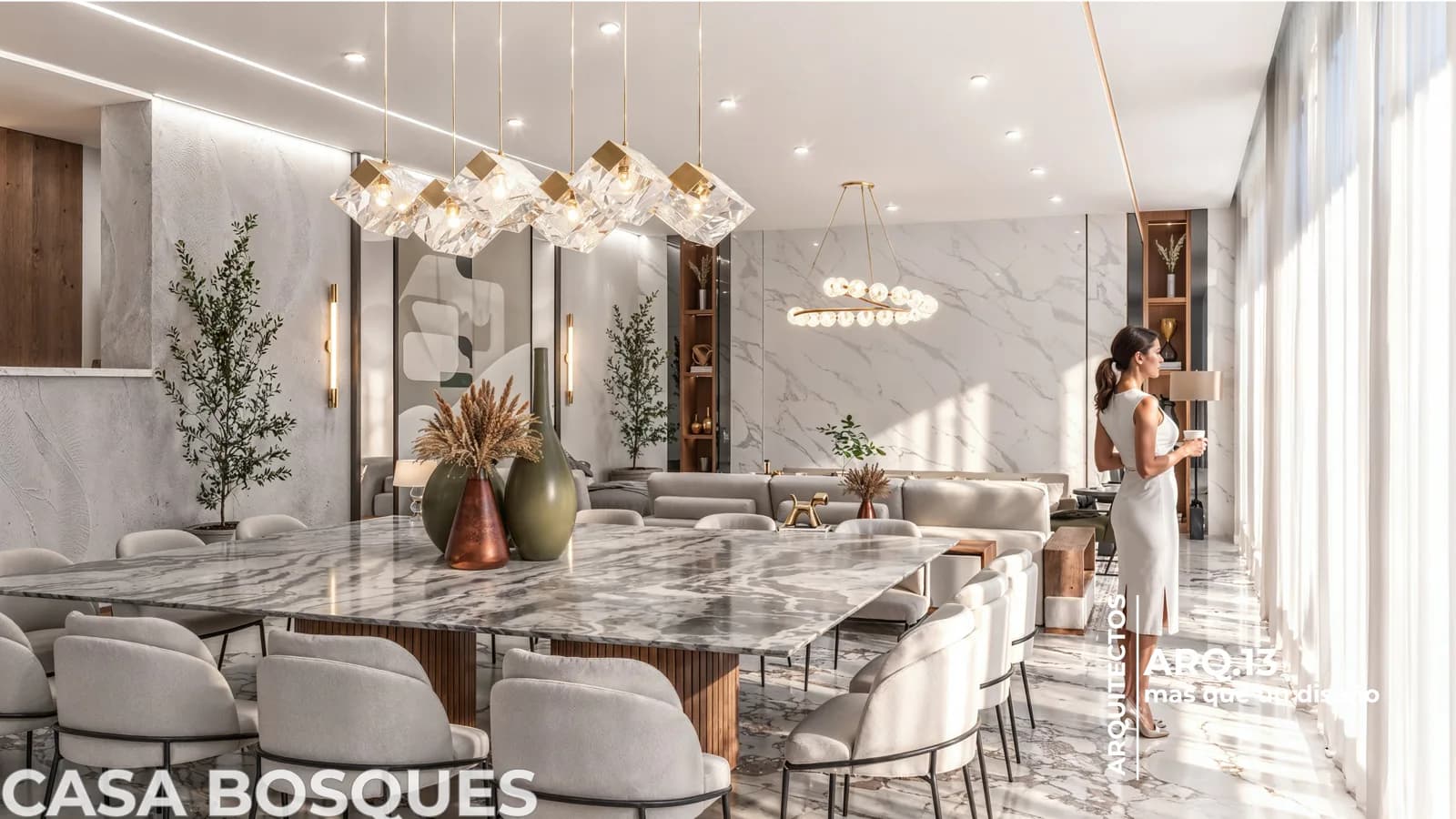 Render del comedor con mesa de mármol, lámparas de cristal y muro de mármol.