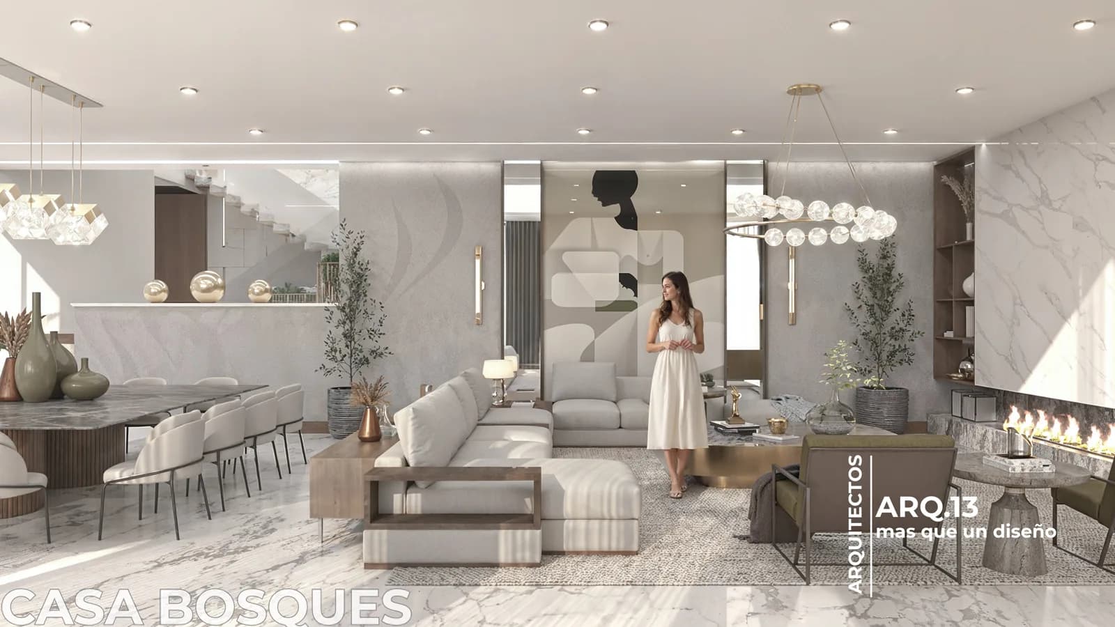 Render de la sala con chimenea lineal y el comedor al fondo.