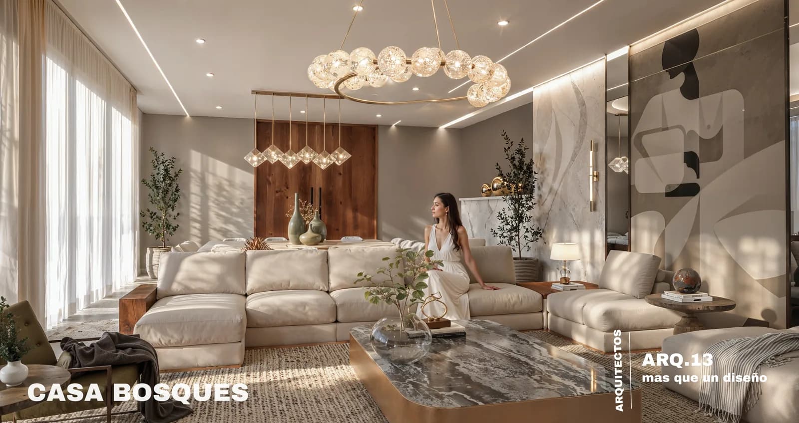 Render de la sala con sillones claros, candil de esferas y muro con relieve.