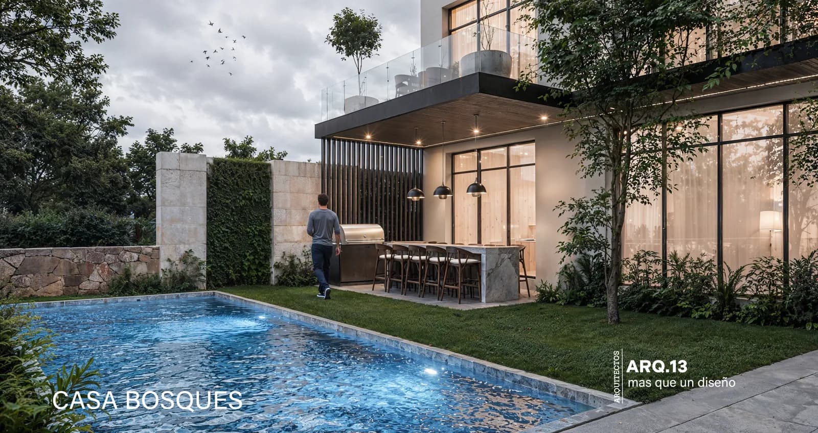 Render de la alberca iluminada frente a la terraza con cocina exterior.
