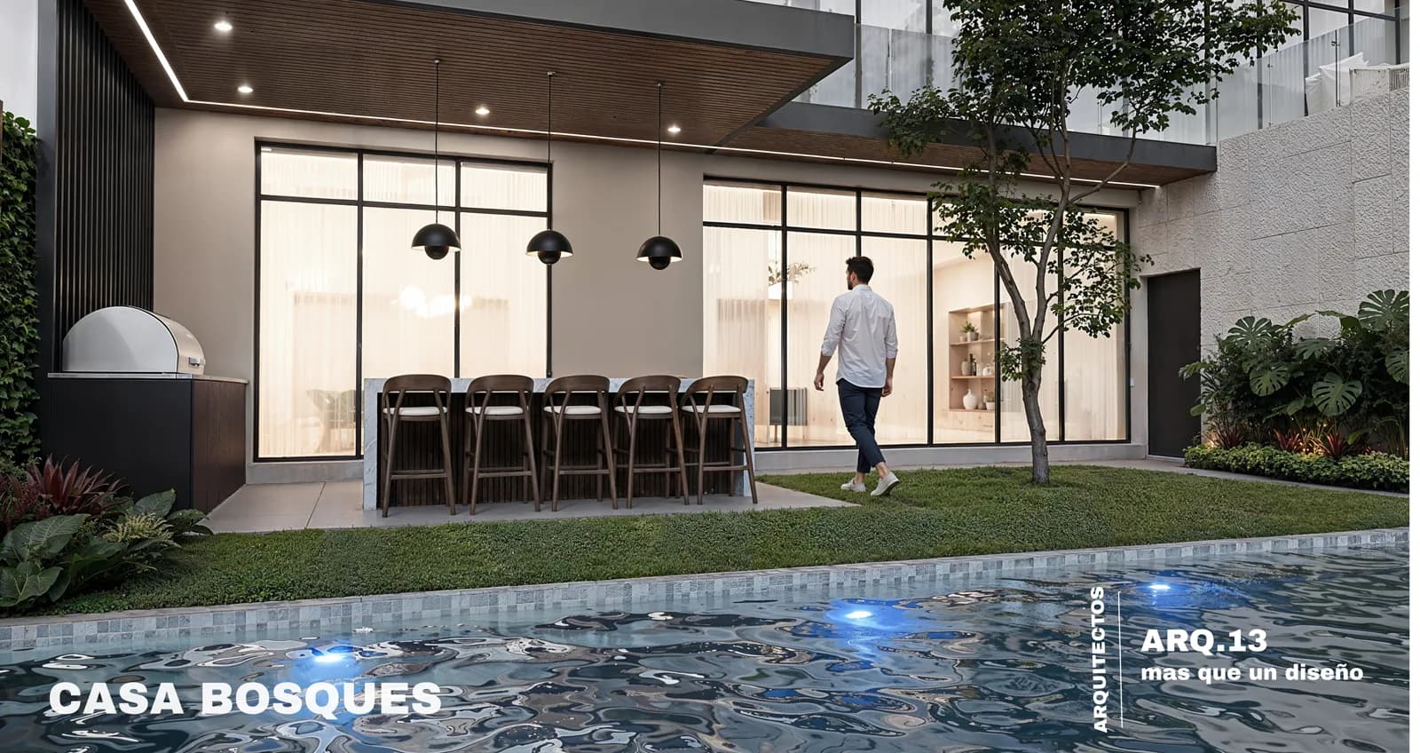 Render de la terraza con barra y bancos altos junto a la alberca.