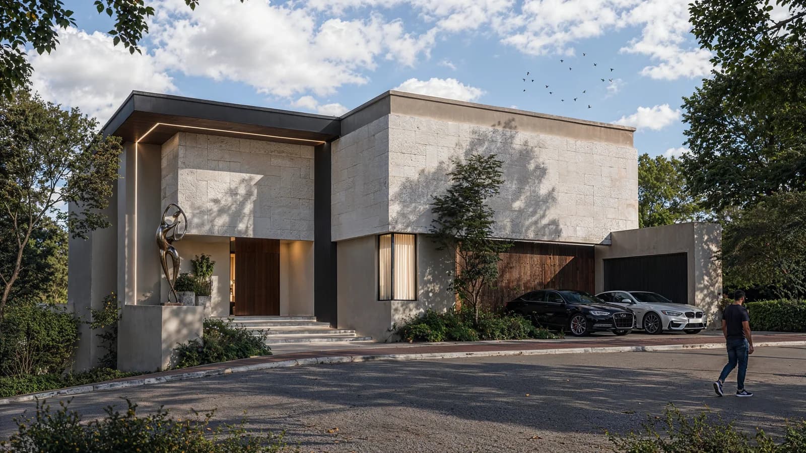 Render de la fachada de Casa Bosques de San Francisco, con muros de piedra clara, acceso escalonado y la cochera revestida de madera.