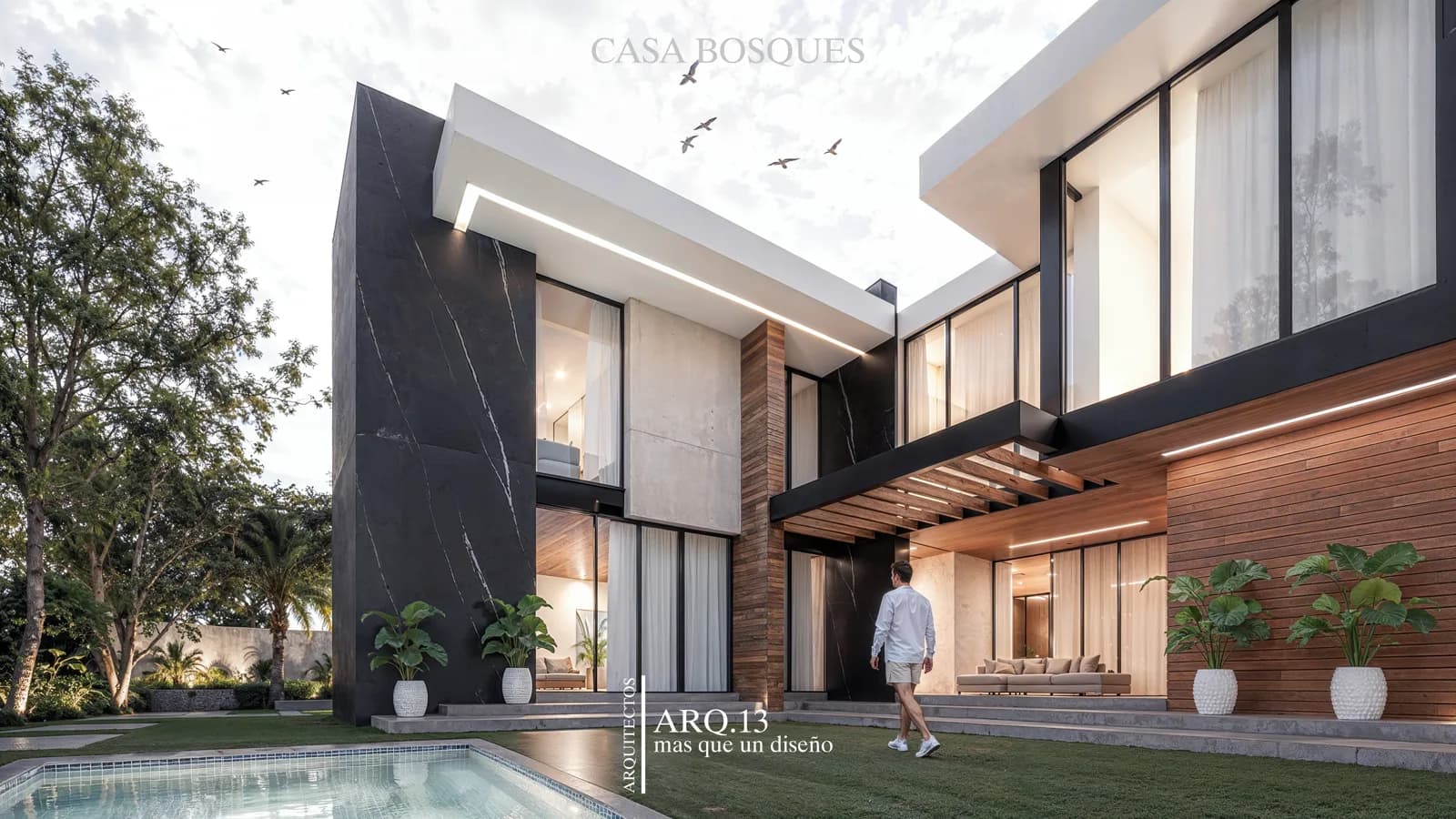 Render de la fachada hacia la alberca, con ventanales de doble altura.