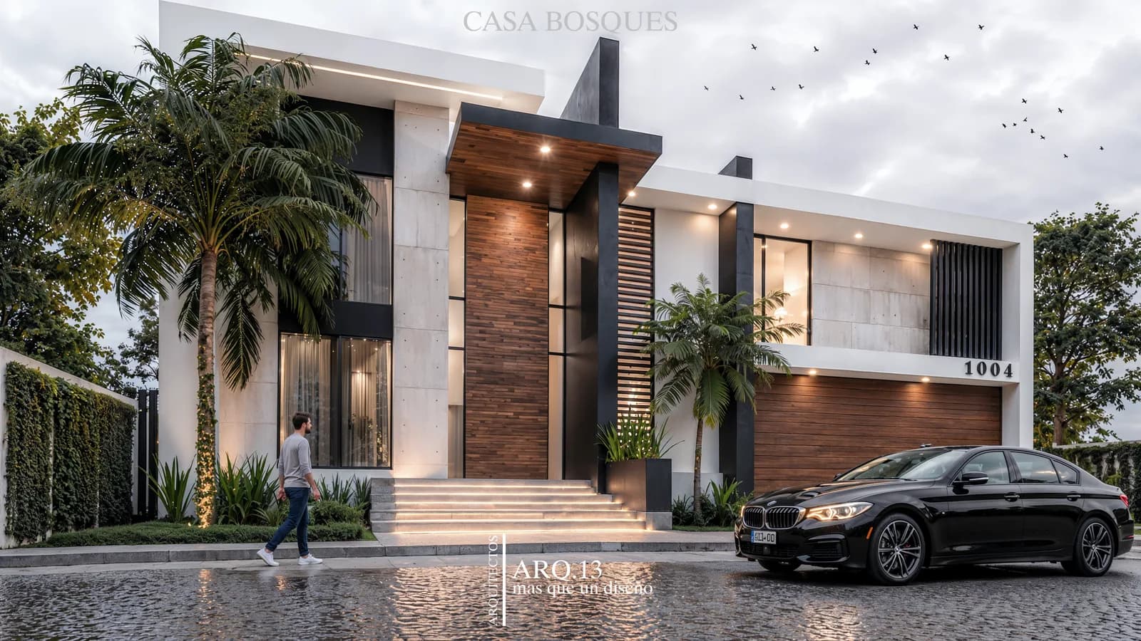 Render de la fachada principal con escalinata de acceso, palmeras y muro de madera.