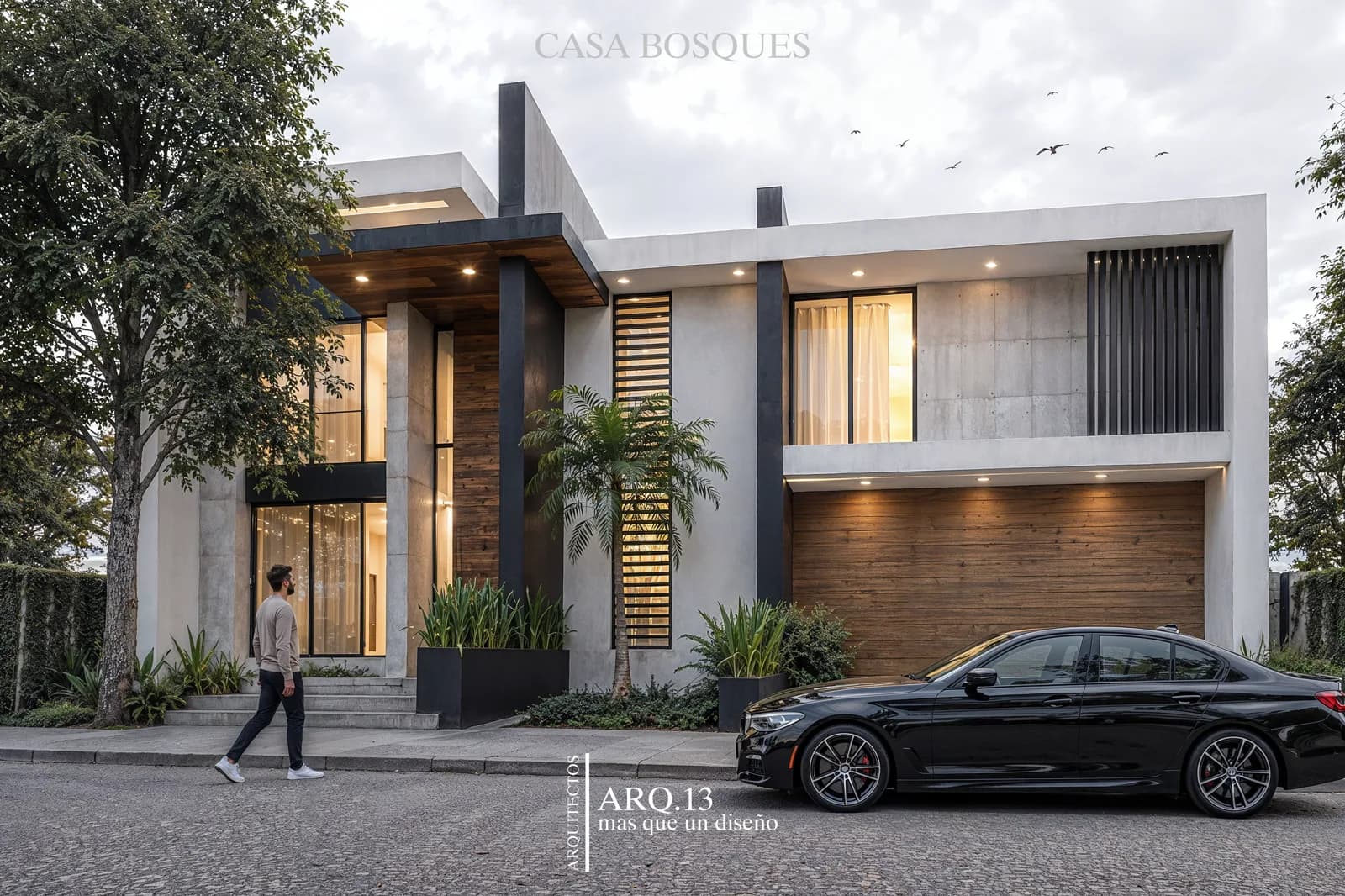 Render frontal de la fachada principal, con la cochera revestida de madera.