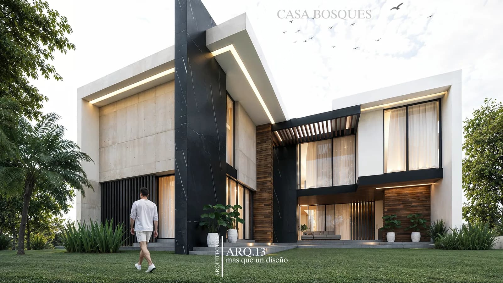 Render de la fachada posterior de Casa Bosques de San Francisco 15, con muro de mármol negro, paneles de madera y jardín.