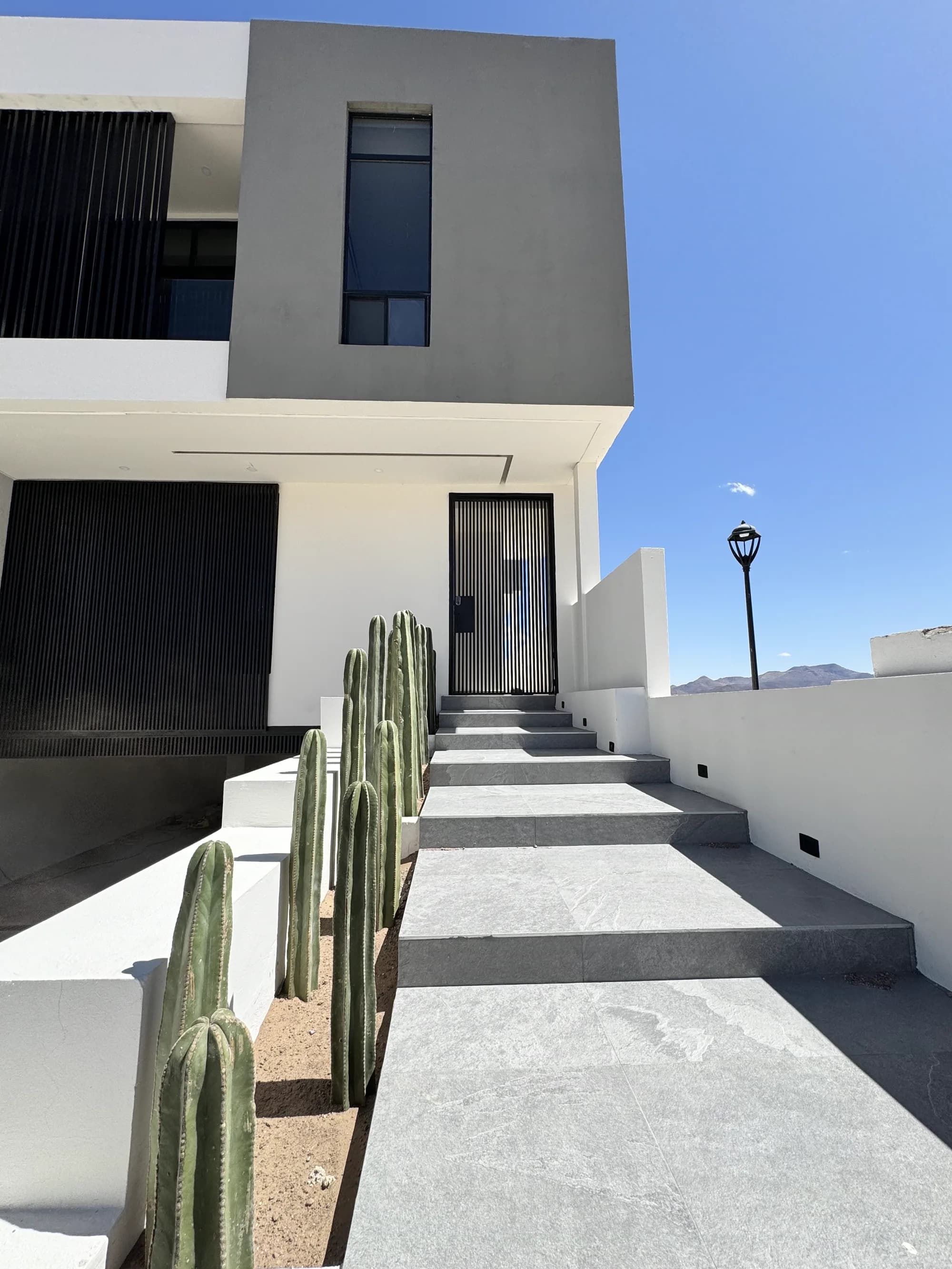 Acceso terminado, con los escalones de concreto y los cactus a un costado.