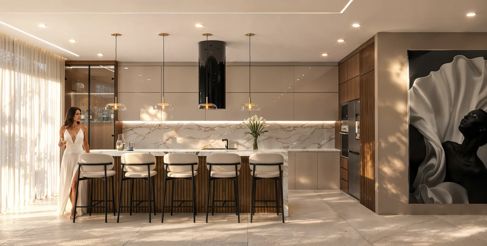 Render de la cocina con barra de mármol, bancos tapizados y lámparas colgantes doradas.