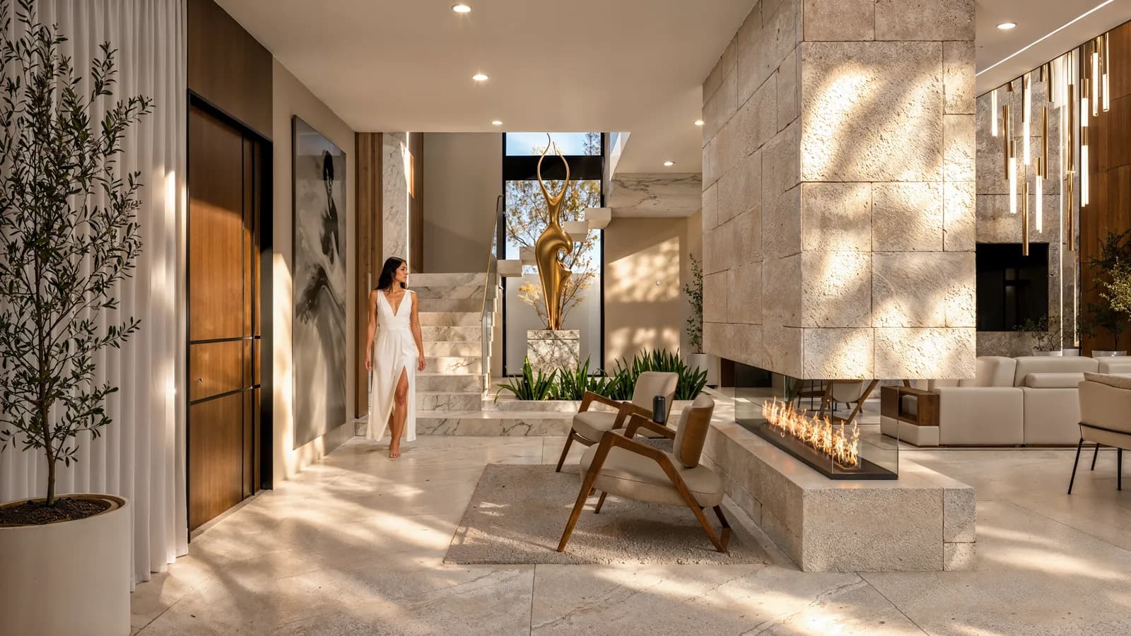 Render del vestíbulo de Casa Campestre Delicias, con muro de piedra, chimenea lineal y escultura dorada junto a la escalera.