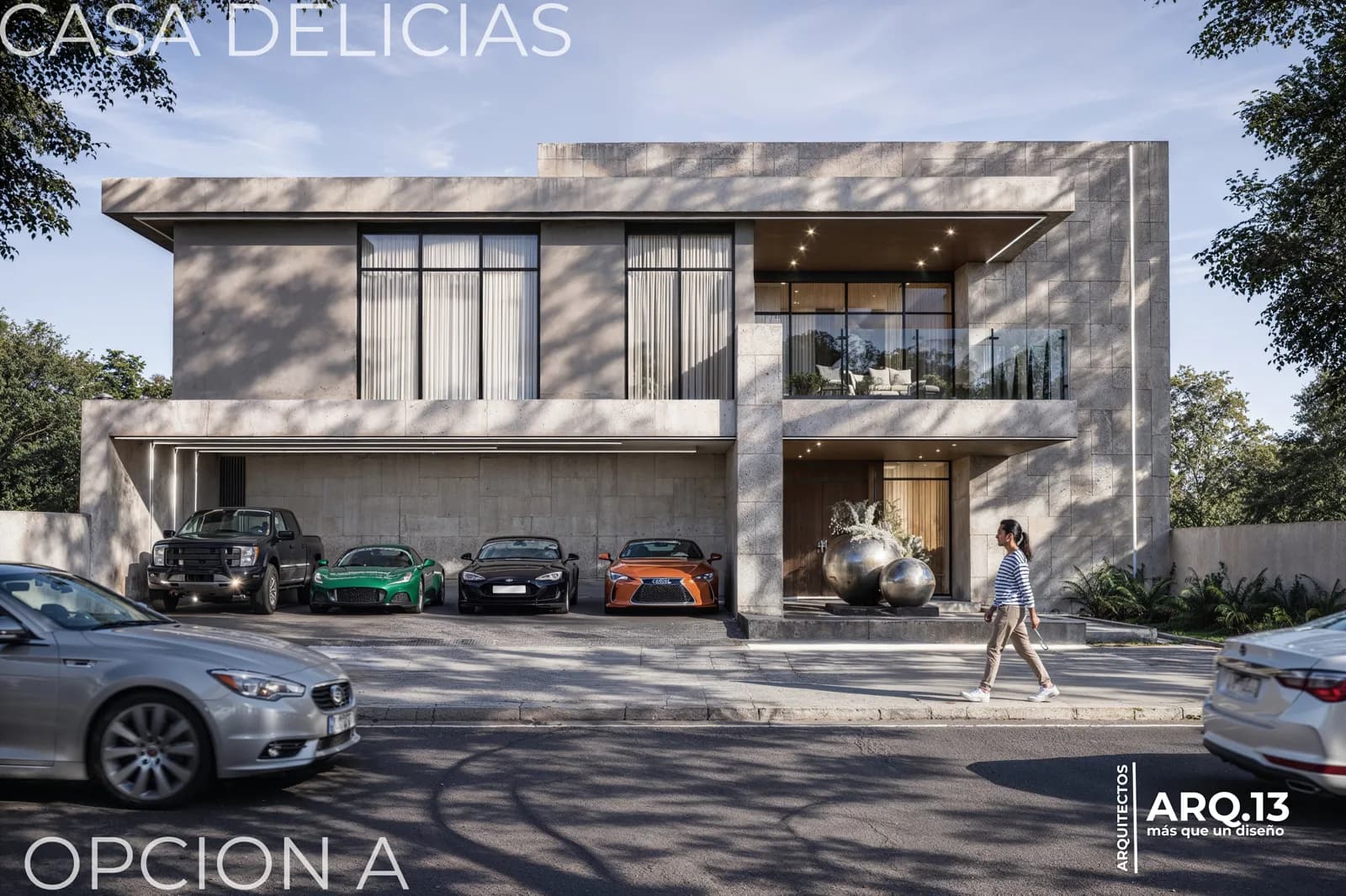 Render de la fachada principal con la cochera abierta bajo el volumen de piedra.