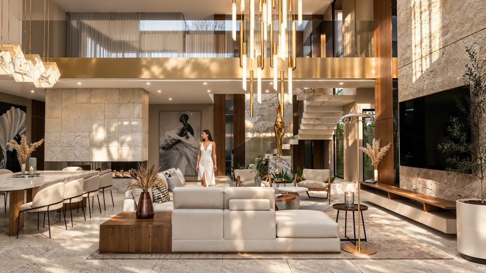Render de la sala de doble altura con lámparas colgantes doradas, escalera flotante y el comedor al fondo.