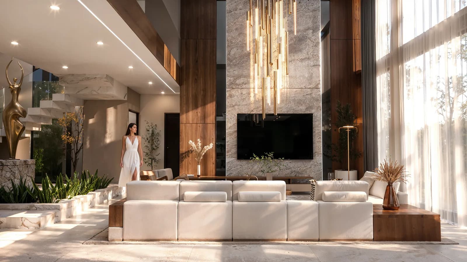 Render de la sala frente al muro de piedra con la pantalla empotrada y el ventanal de doble altura.