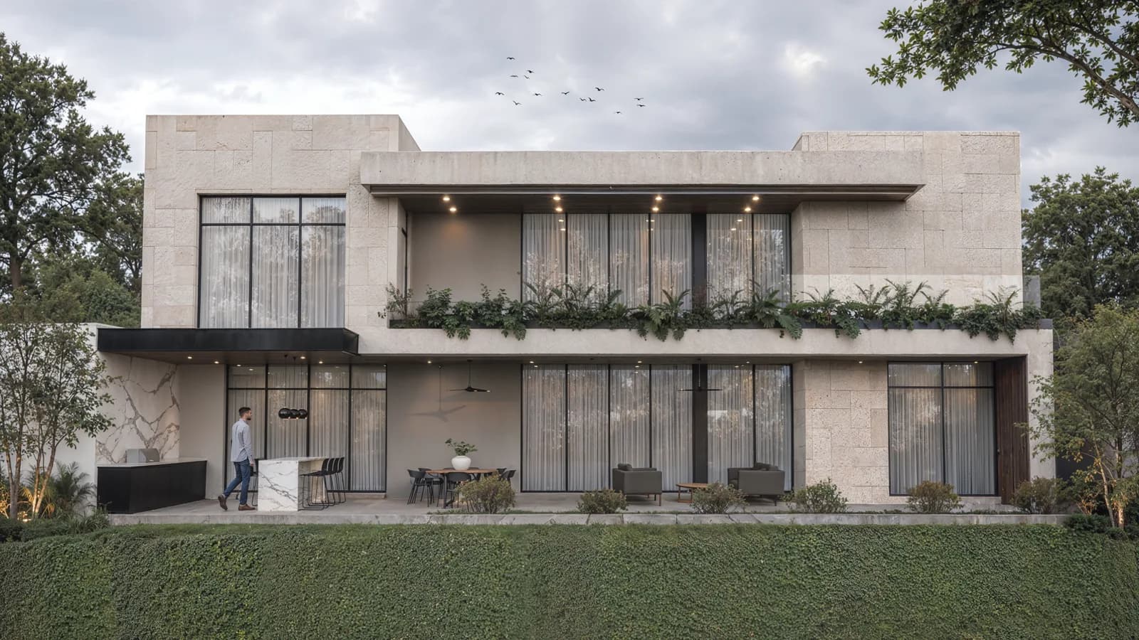 Render de la fachada posterior, con terraza, jardineras corridas y ventanales de piso a techo.