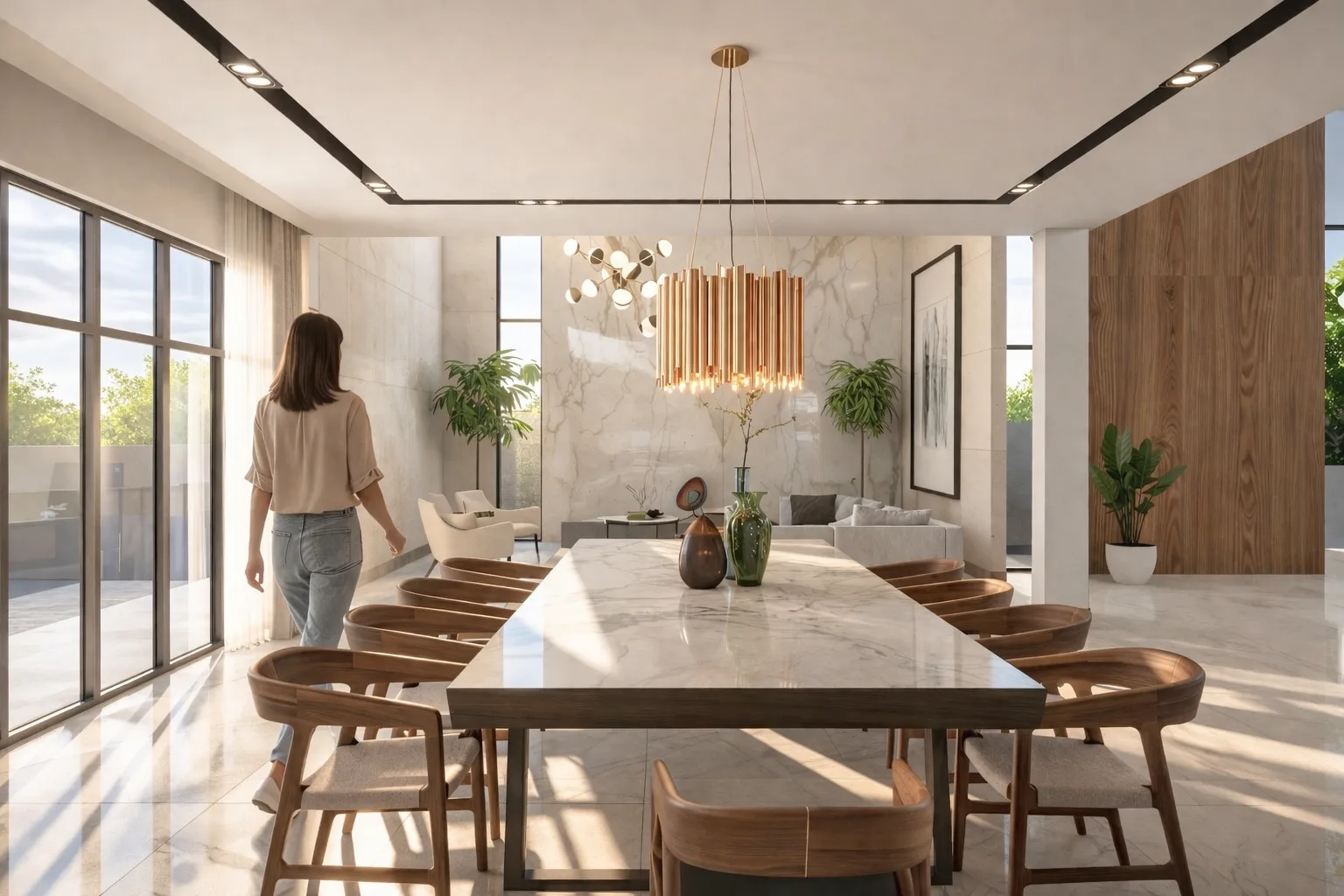 Render del comedor de Casa Lago, con mesa de mármol, sillas de madera y candil de madera.