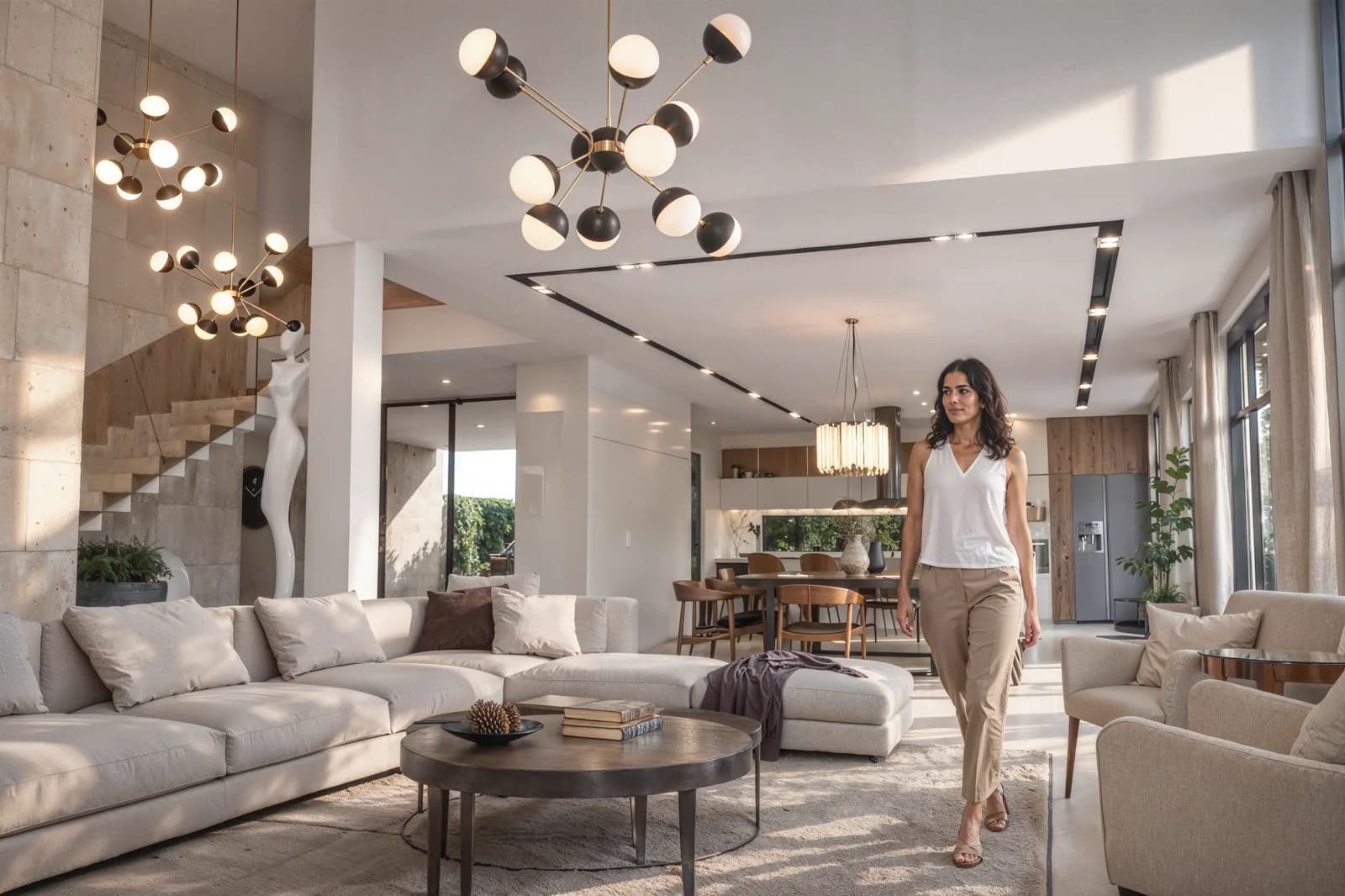 Render de la sala con sillones claros, lámpara de esferas y el comedor al fondo.