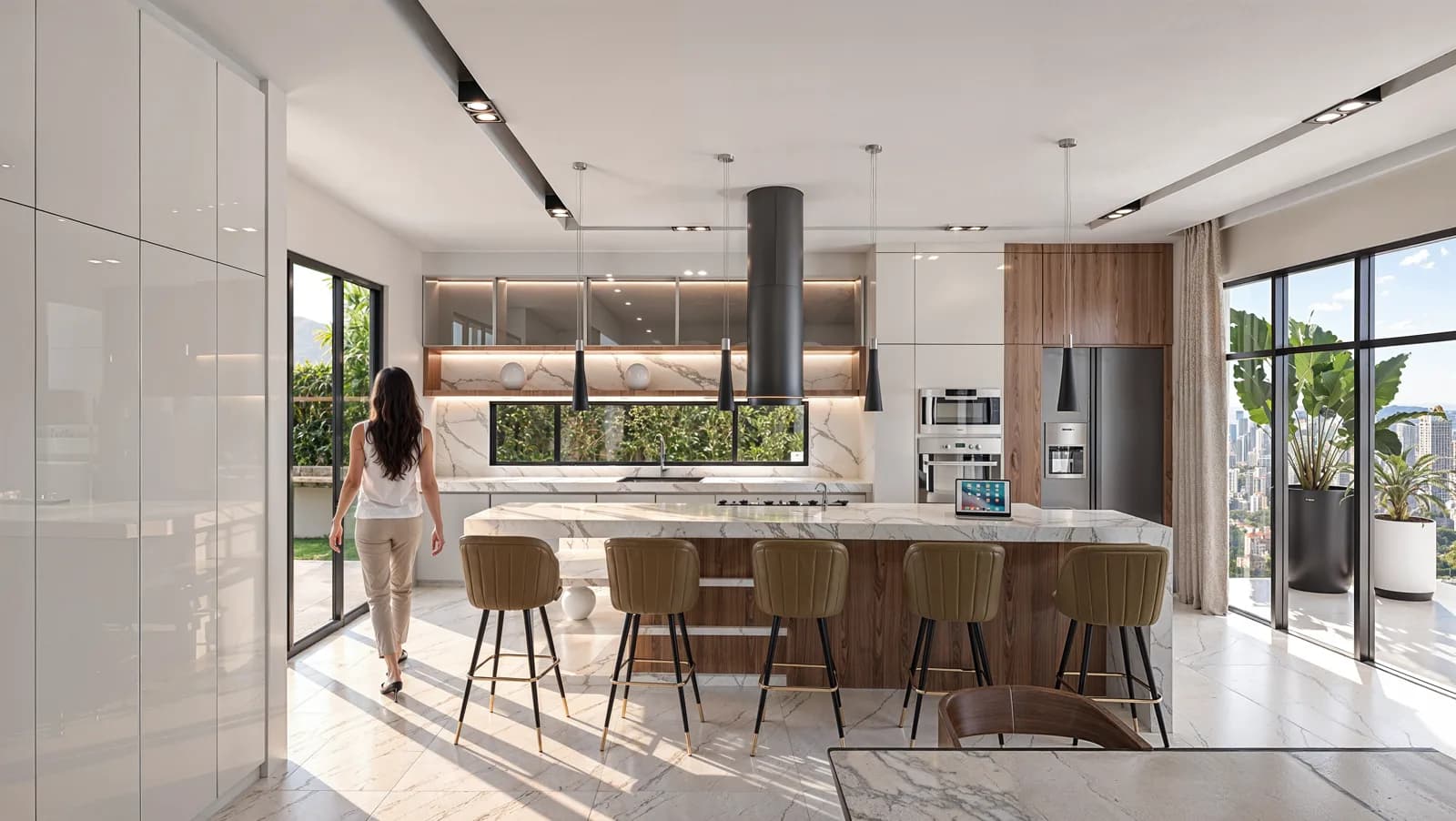 Render de la cocina con isla de mármol, bancos de piel y campana suspendida.
