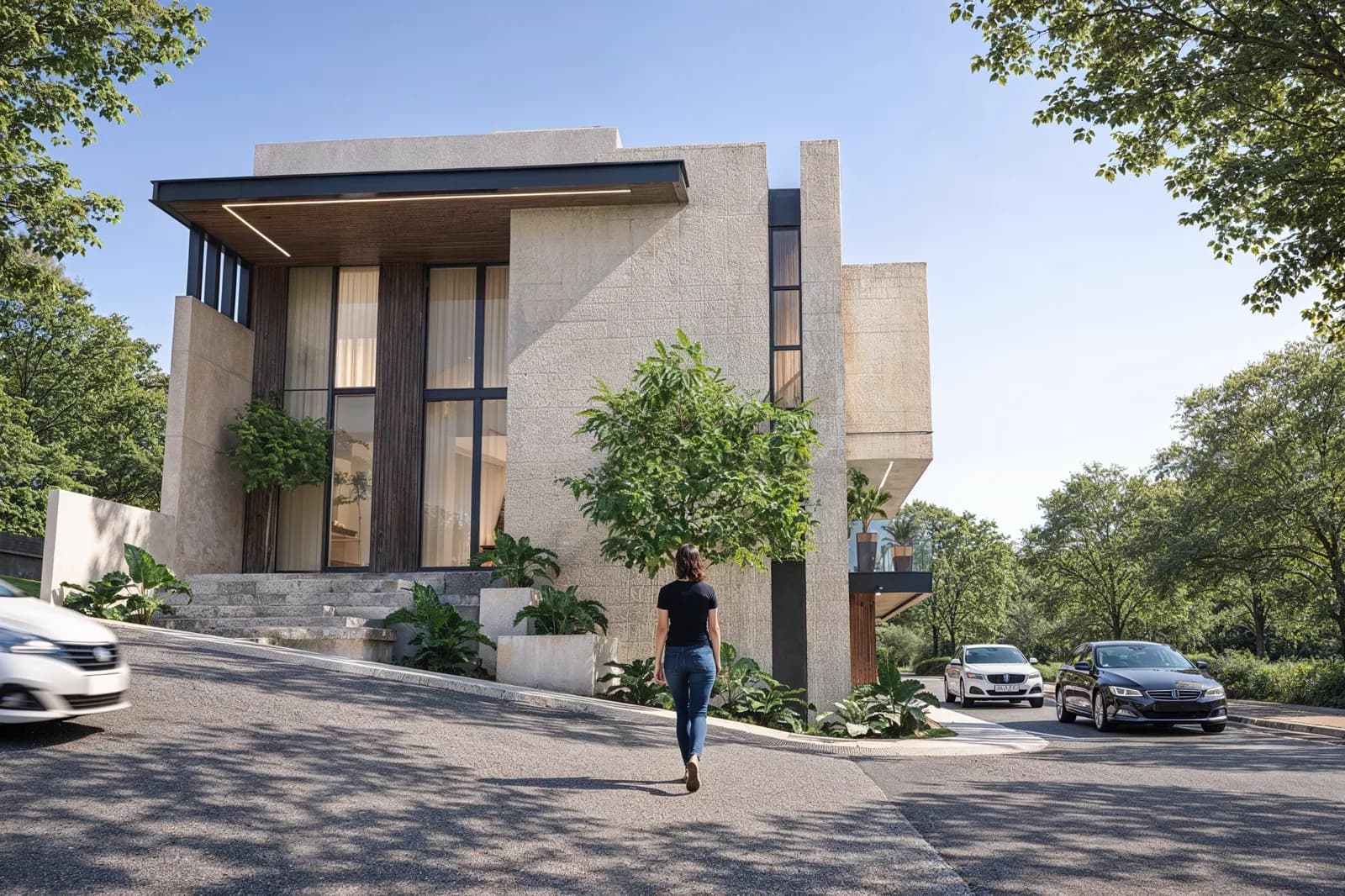 Render de la fachada de Casa Lago en perspectiva, con volúmenes de piedra clara y ventanales de doble altura.
