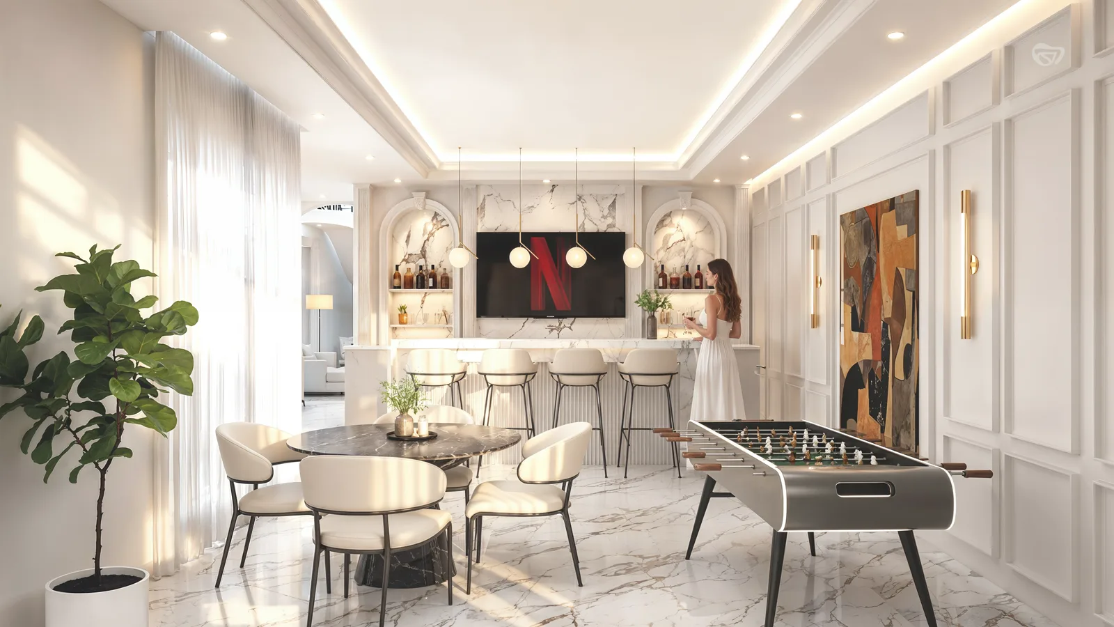 Render del salón de juegos con barra, mesa de futbolito y muros con molduras.