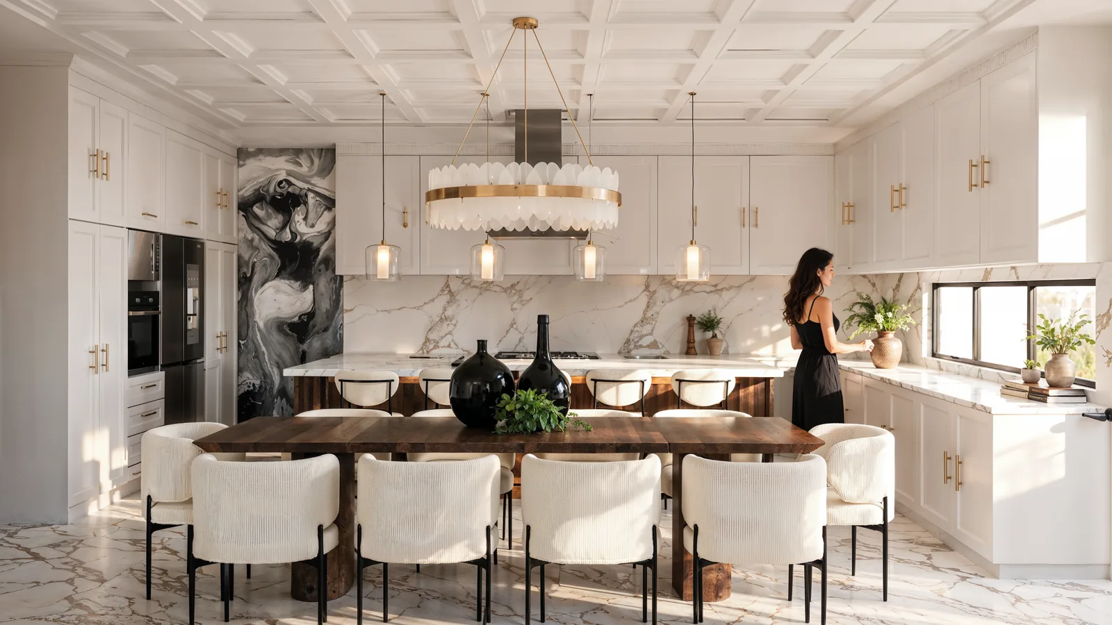 Render de la cocina blanca con isla de mármol, comedor de madera y candil circular.