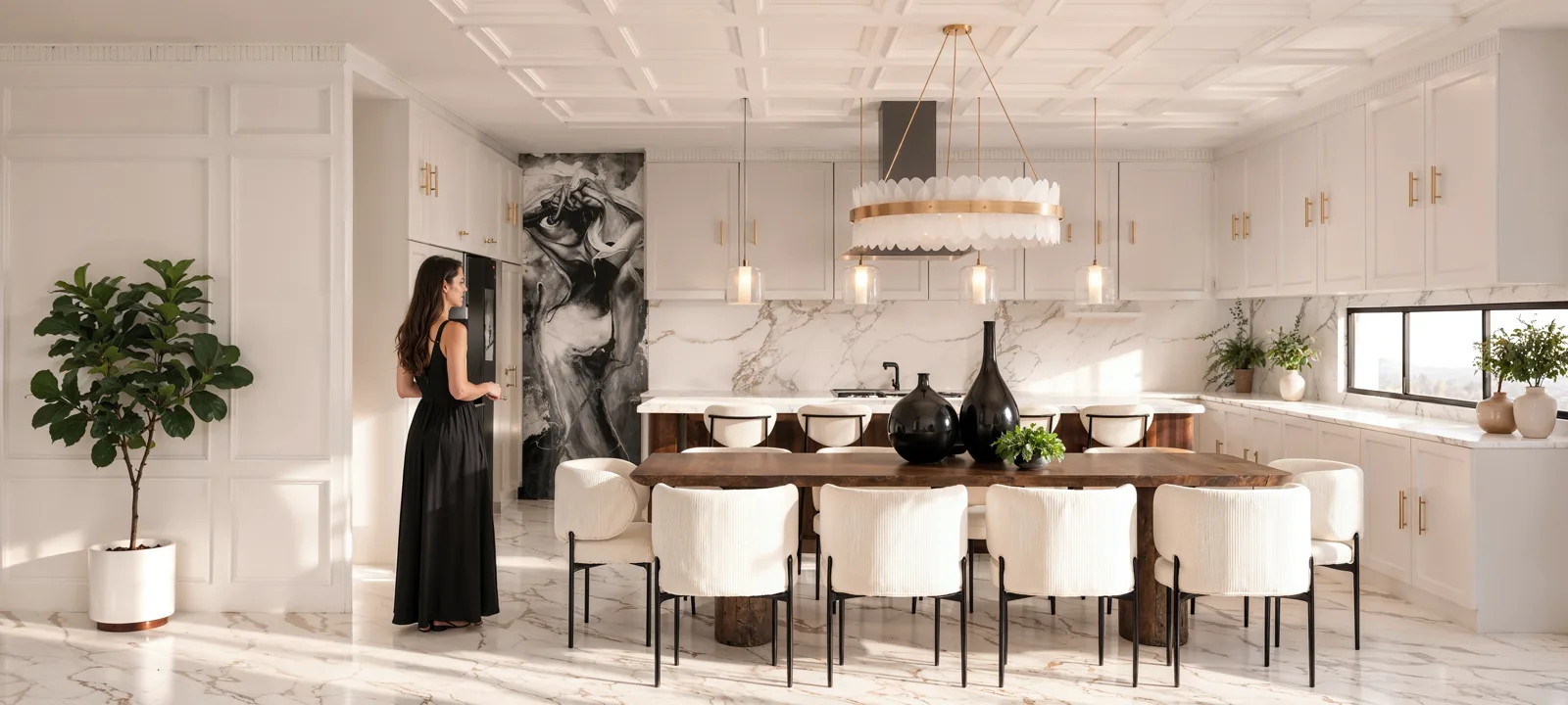 Render del comedor con sillas tapizadas blancas frente a la cocina.