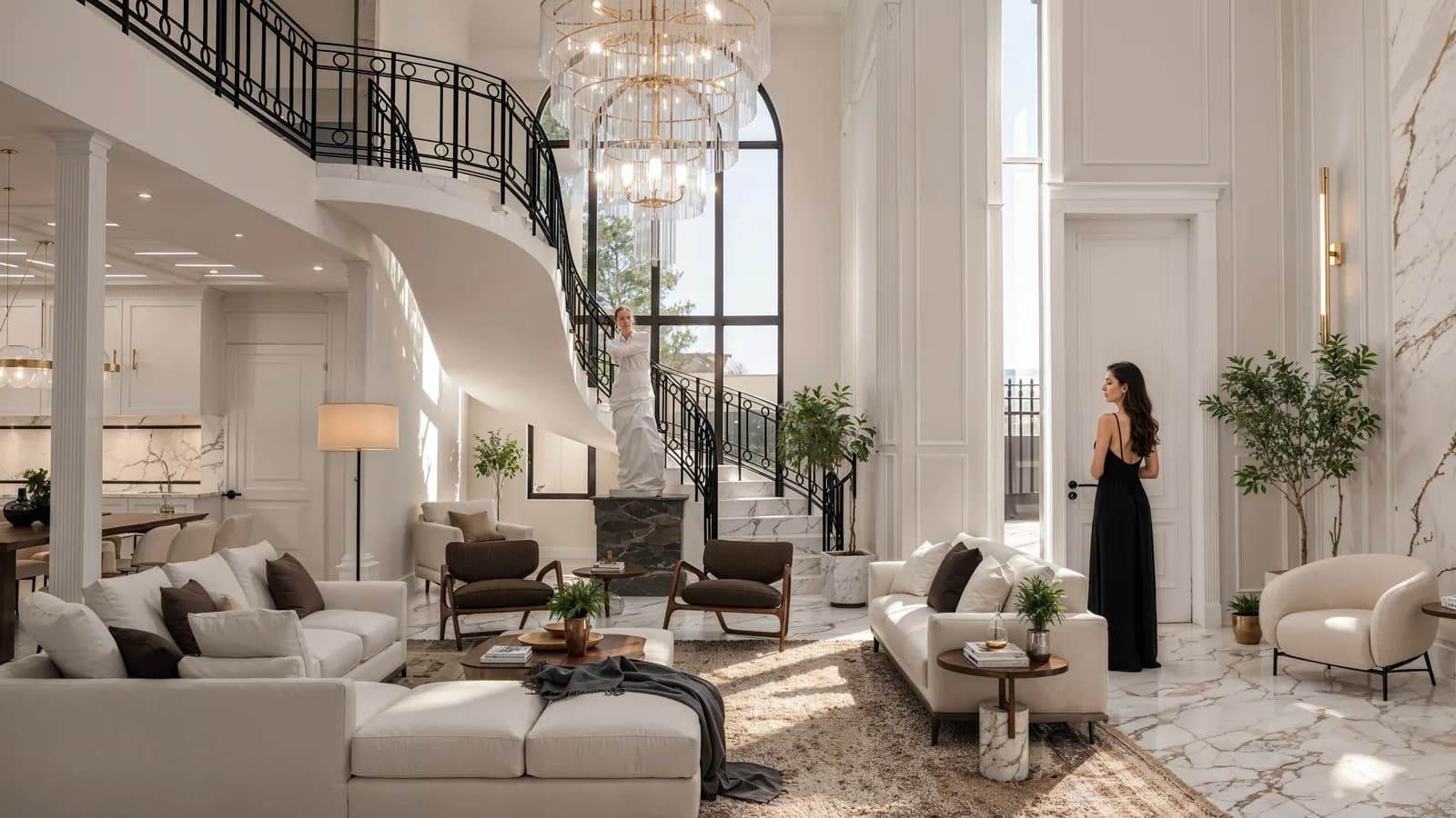 Render de la sala de doble altura con escalera curva de herrería y candil de cristal.