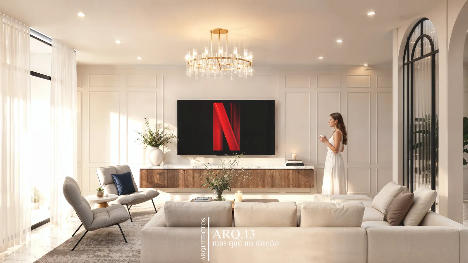 Render de la sala de televisión con muebles claros, ventana en arco y candil.
