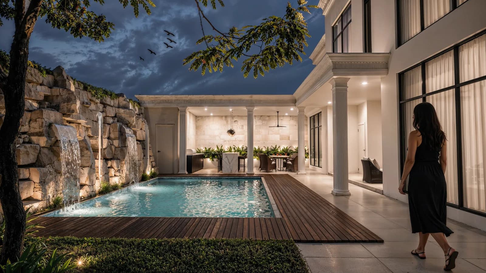 Render de la alberca al anochecer con muro de piedra, cascada y terraza con columnas.