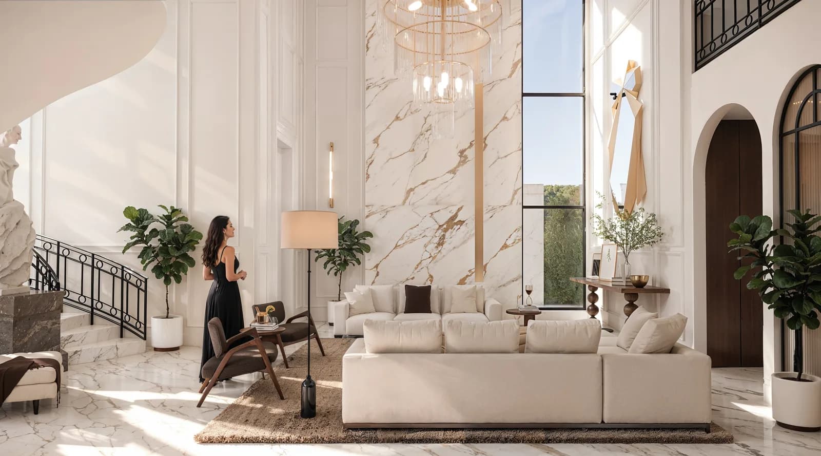 Render de la doble altura con muro de mármol, ventanal alto y sala clara.