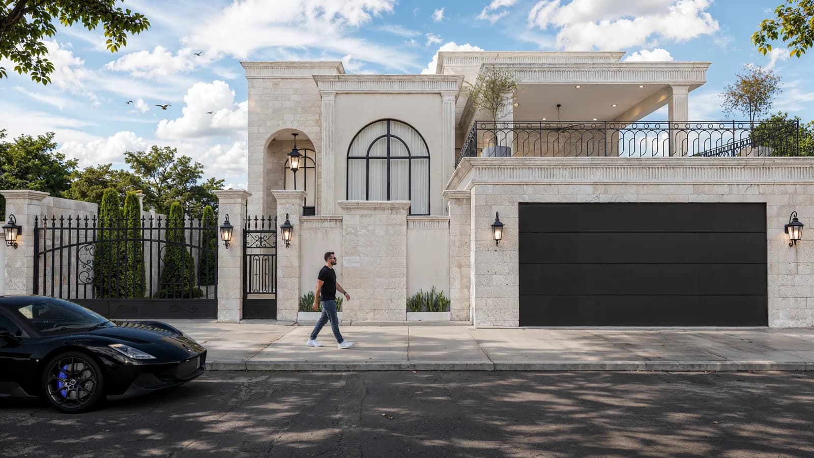 Render de la fachada de Casa Lomas del Santuario, de estilo clásico con arcos, balcón de herrería y cochera negra.
