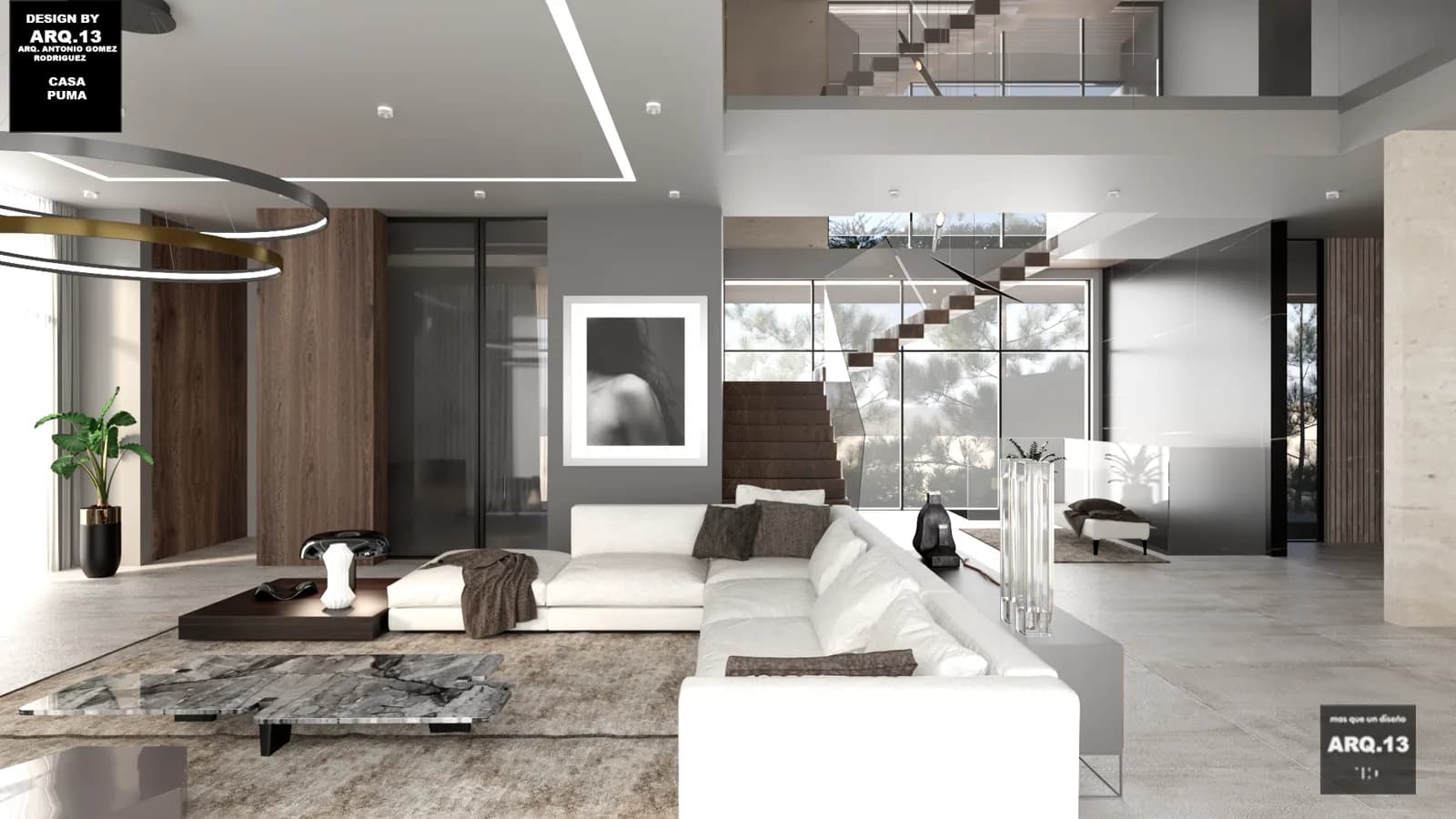Render de la sala de doble altura con sillones blancos y la escalera flotante al fondo.