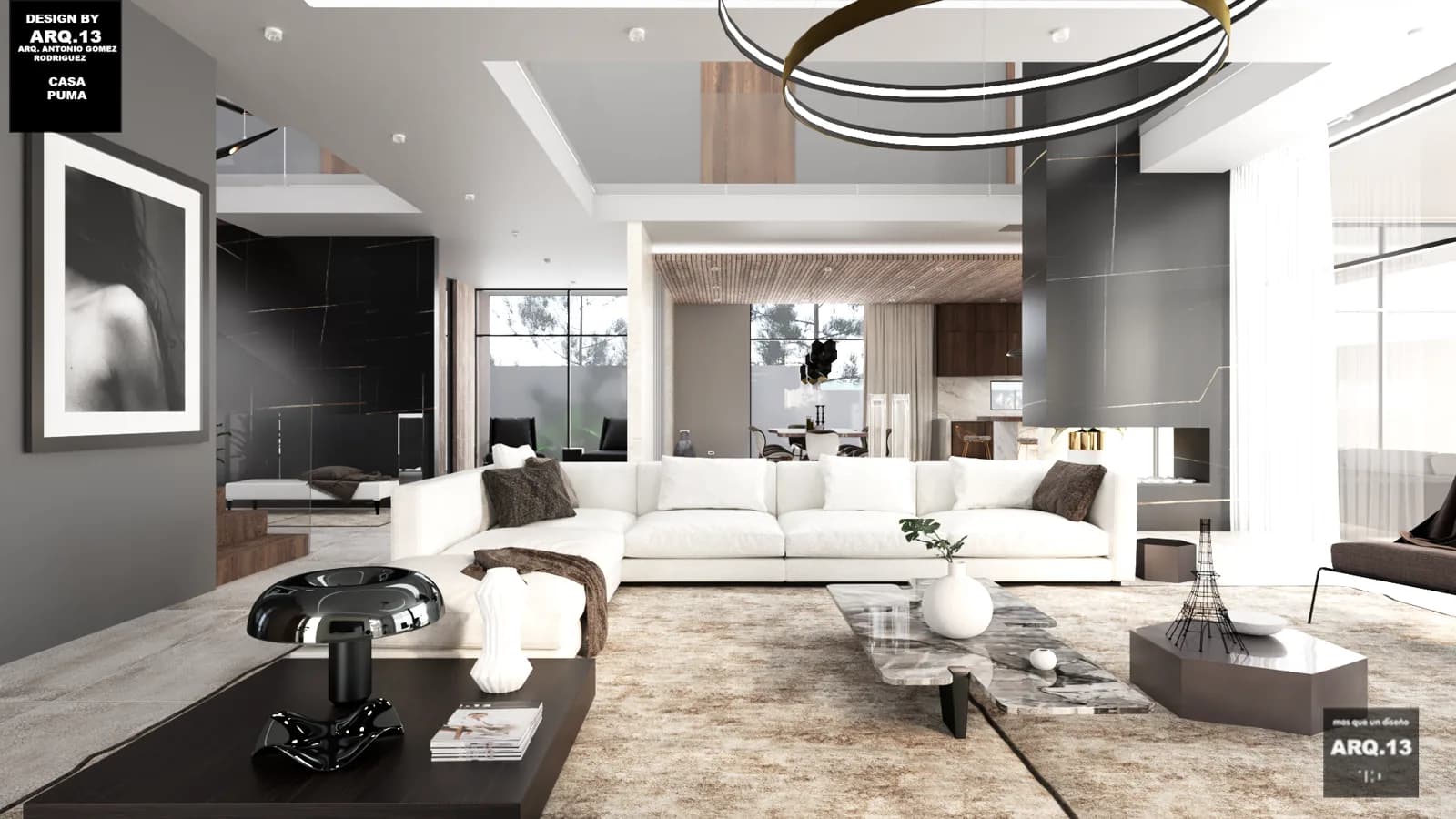 Render de la sala con lámpara de anillos y chimenea suspendida.