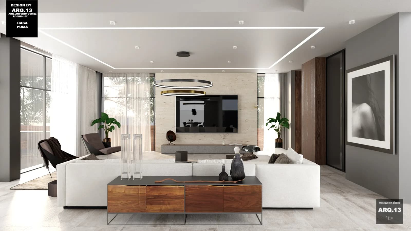Render frontal de la sala con el mueble de madera y la lámpara de anillos.
