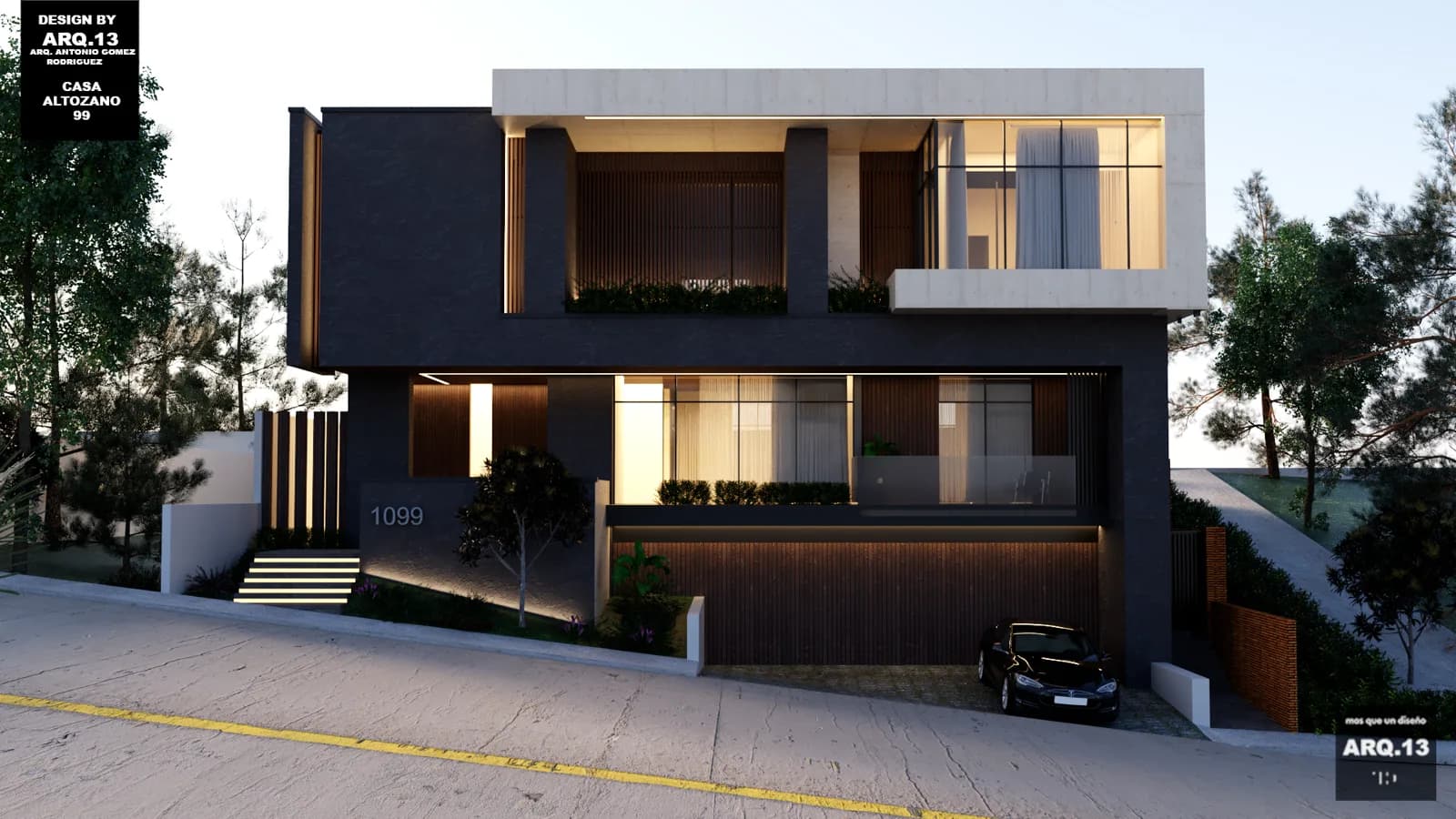 Render de la fachada principal sobre la pendiente, con el volumen blanco en voladizo.
