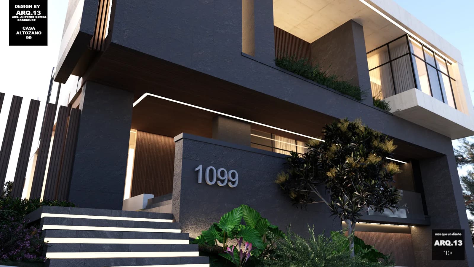 Render del acceso de Casa Puma Altozano, con escalinata iluminada, muro de piedra oscura y jardinera.