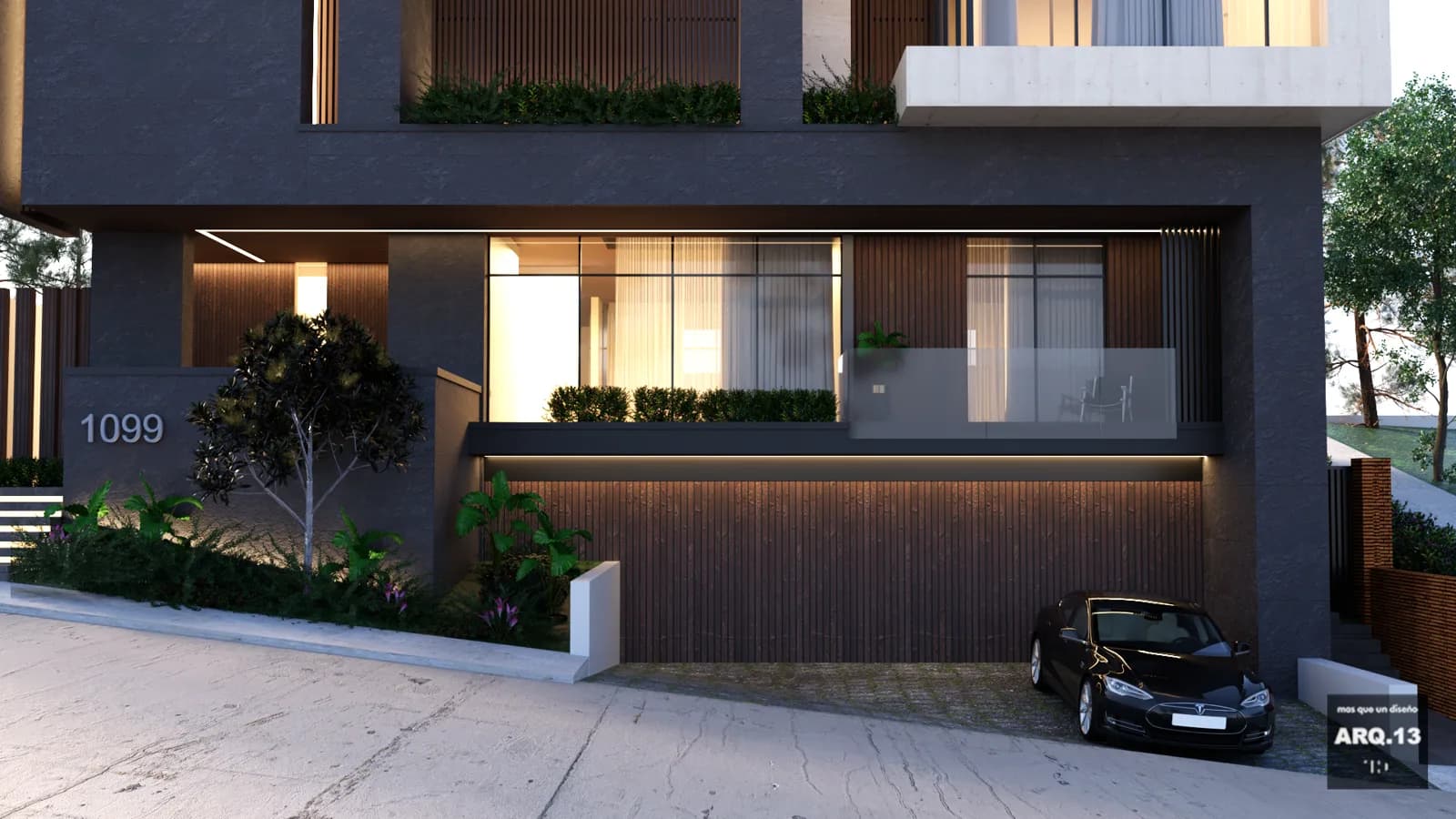Render de la planta baja con ventanales corridos y la cochera revestida de madera.