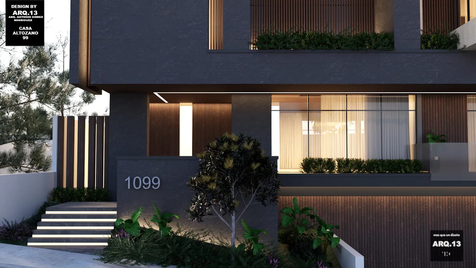 Render del acceso con la escalinata iluminada y los listones de madera.