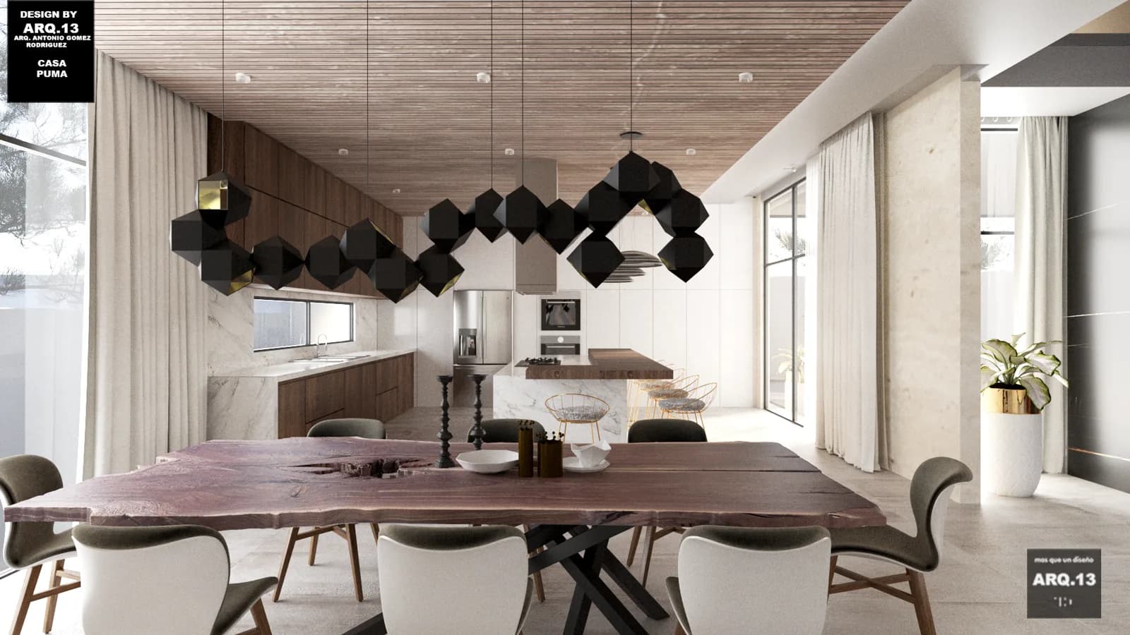Render del comedor con mesa de madera natural, candil de piezas negras y la cocina al fondo.
