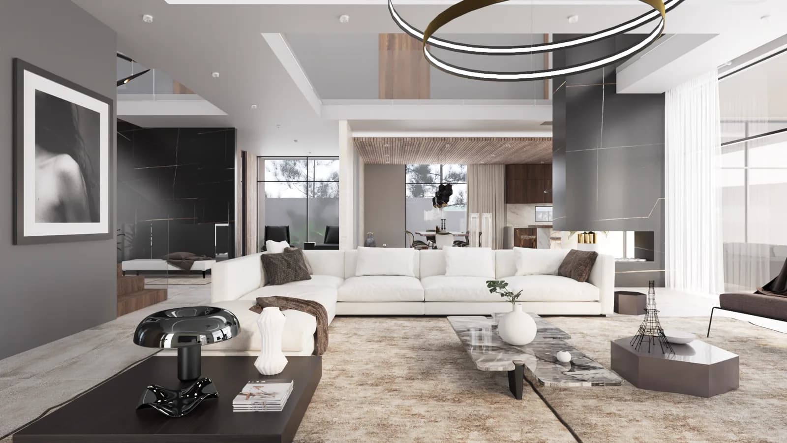 Render de la sala con sillones blancos, lámpara de anillos y ventanales.