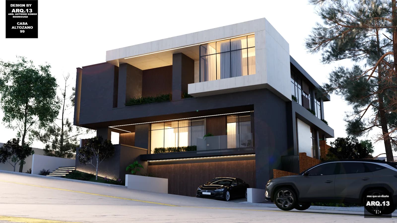 Render de la fachada en perspectiva, con la cochera y los balcones con jardineras.
