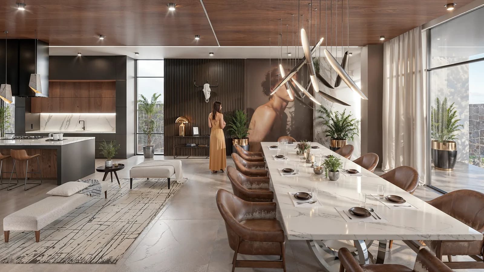 Render del comedor con mesa de mármol blanca, sillas de piel y lámparas de varillas.