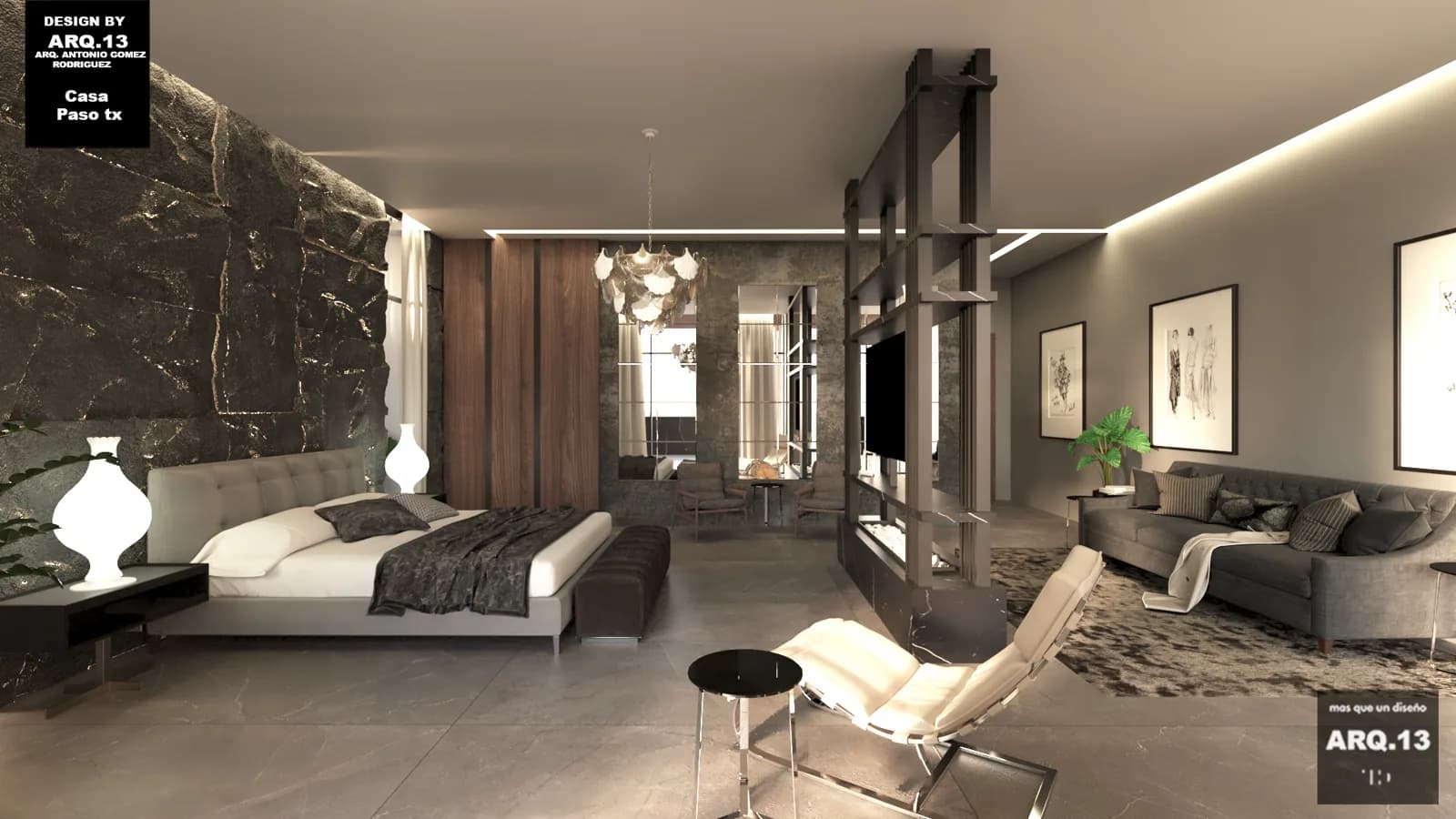 Render de la recámara con muro de mármol oscuro, sala y cancel de herrería.